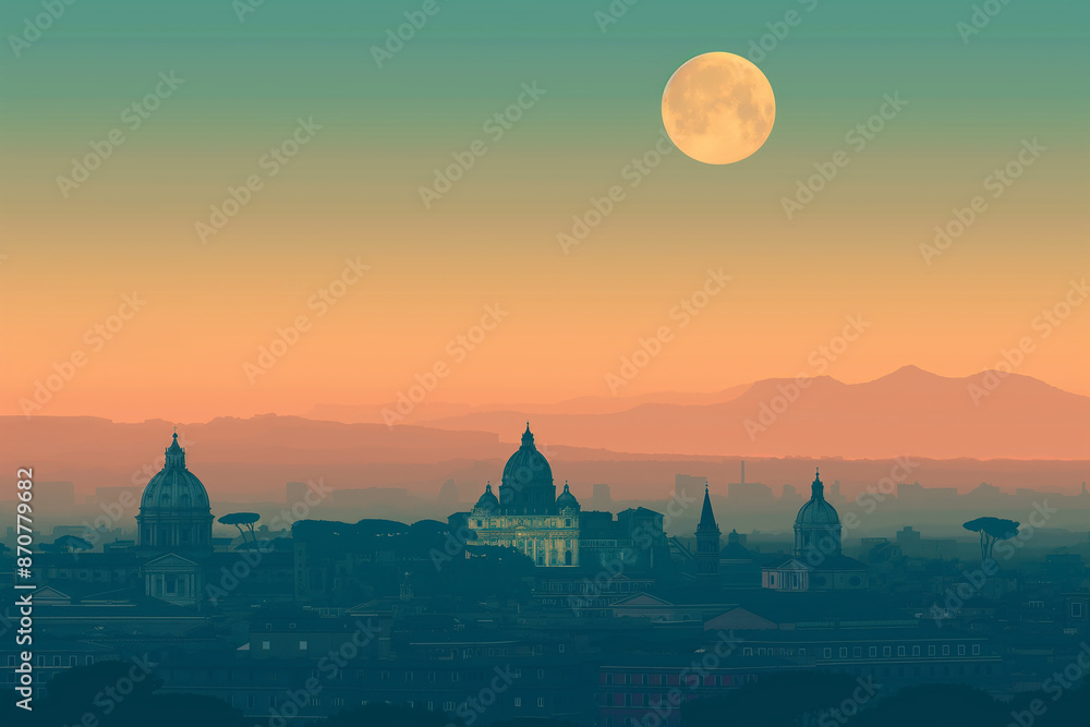 Obraz premium City Silhouette at Dusk, Roma Silhouette, Italy City, Classical European architecture, Sunset over the city