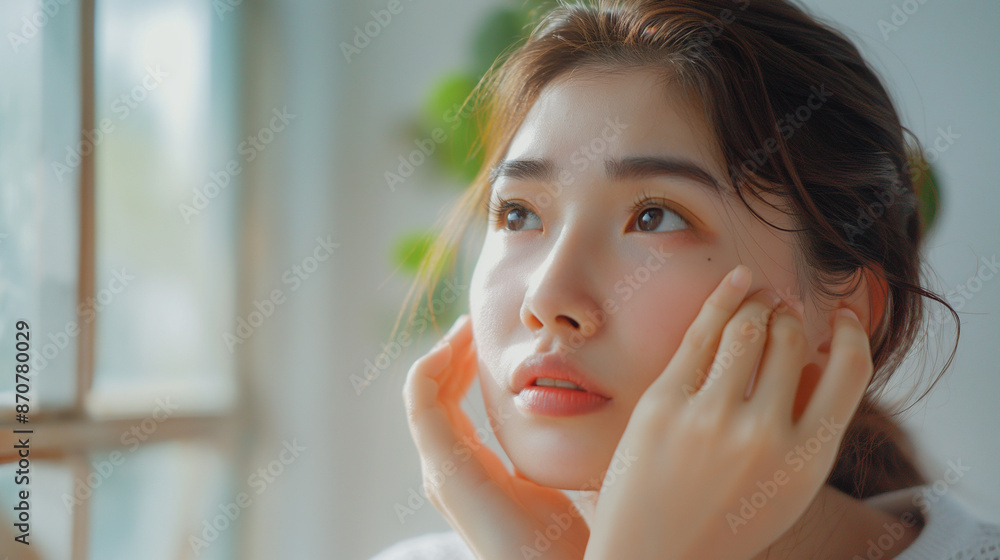 Dermatology, expression face worry, stressed asian young woman hand touching face at dark spot of melasma, freckle from pigment melanin, allergy sun. Beauty care, skin problem treatment Dermatology, expression face worry, stressed asian young woman hand touching face at dark spot of melasma, freckle from pigment melanin, allergy sun. Beauty care, skin problem treatment