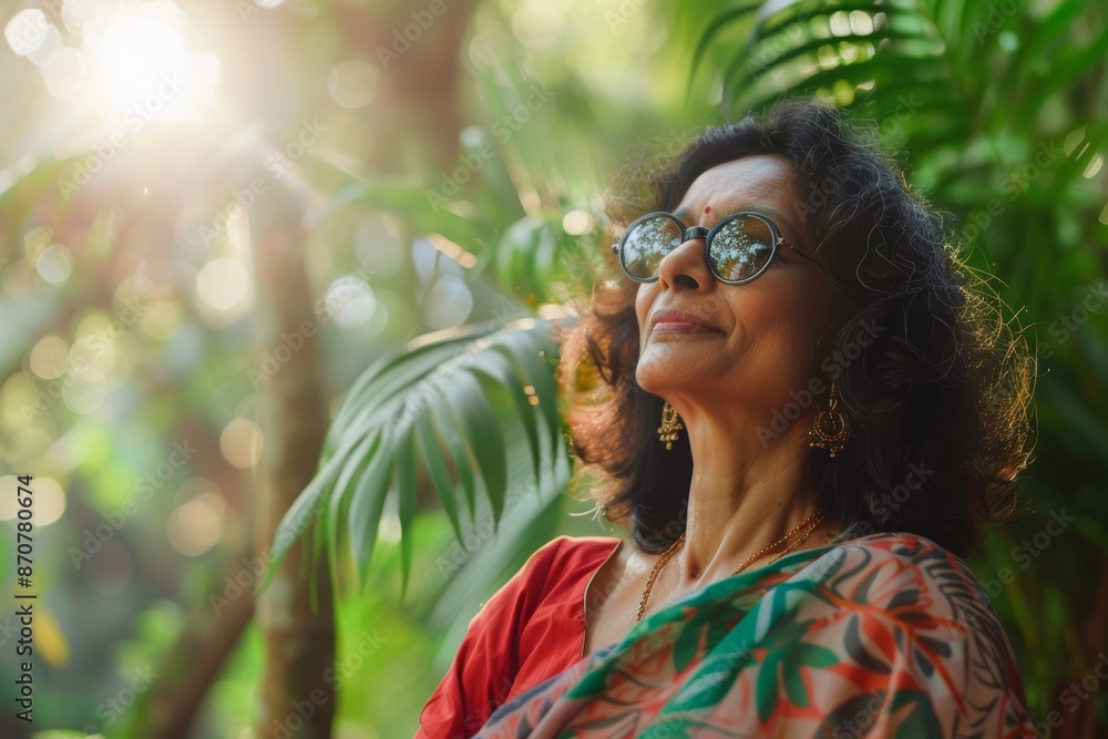 Portrait of a merry indian woman in her 50s wearing a trendy sunglasses on lush tropical rainforest Portrait of a merry indian woman in her 50s wearing a trendy sunglasses on lush tropical rainforest