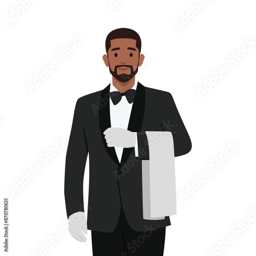 Handsome yong bearded waiter in tuxedo and gloves holding napkin. Flat vector illustration isolated on white background