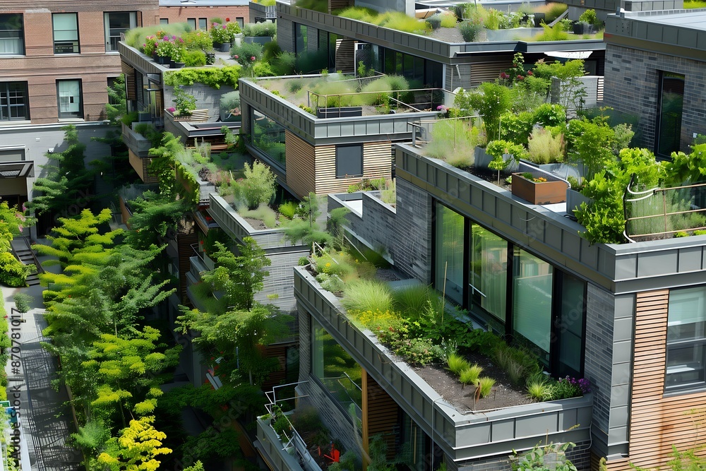 Eco-Friendly Urban Rooftop Garden, Sustainable Cityscape Greenery and Architecture Rooftop Garden View Eco-Friendly Urban Rooftop Garden, Sustainable Cityscape Greenery and Architecture Rooftop Garden View