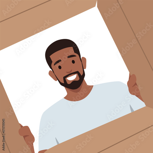 Young man unpacking, opening carton box and looking inside. The package, delivery, surprise. Flat vector illustration isolated on white background