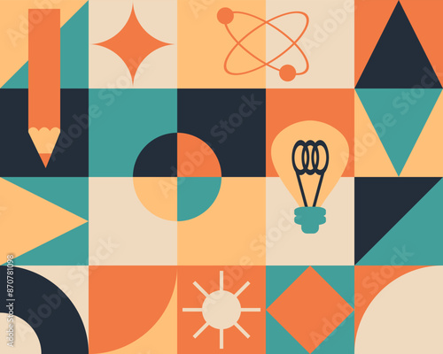 Checkered abstract horizontal pattern with atomic nucleus fission concept. Perfect science print to sticker, banner, T-shirt, card. Hand drawn illustration.