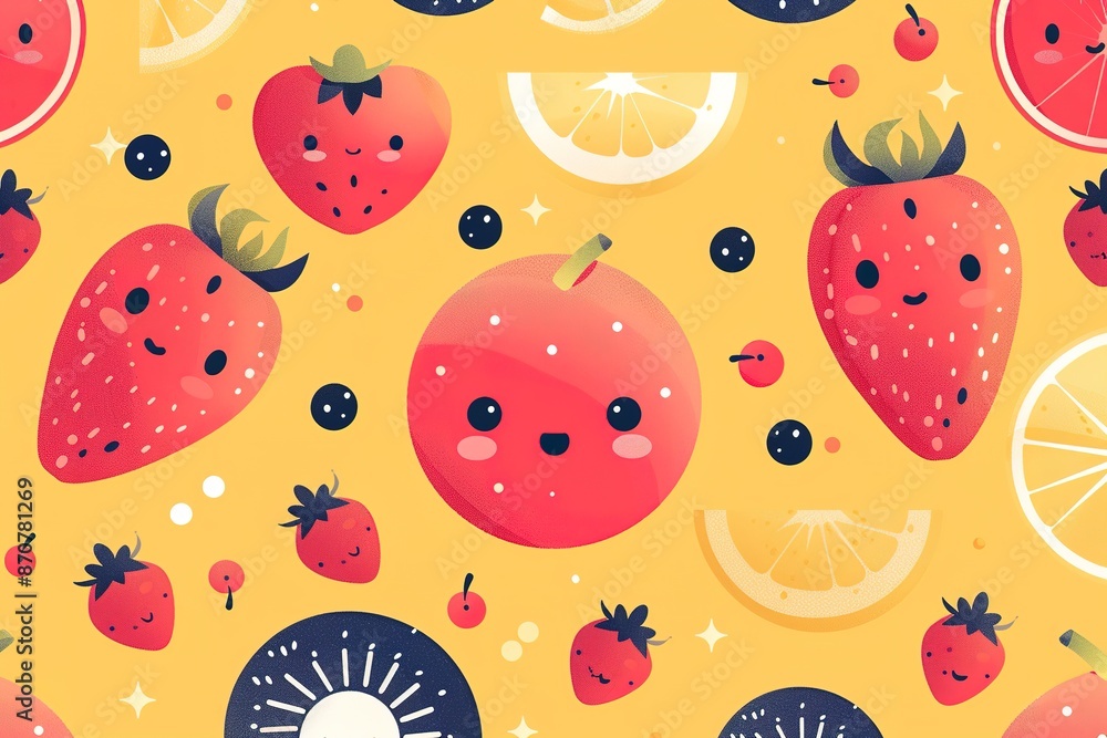 Cute fruits with faces on yellow background Cute fruits with faces on yellow background