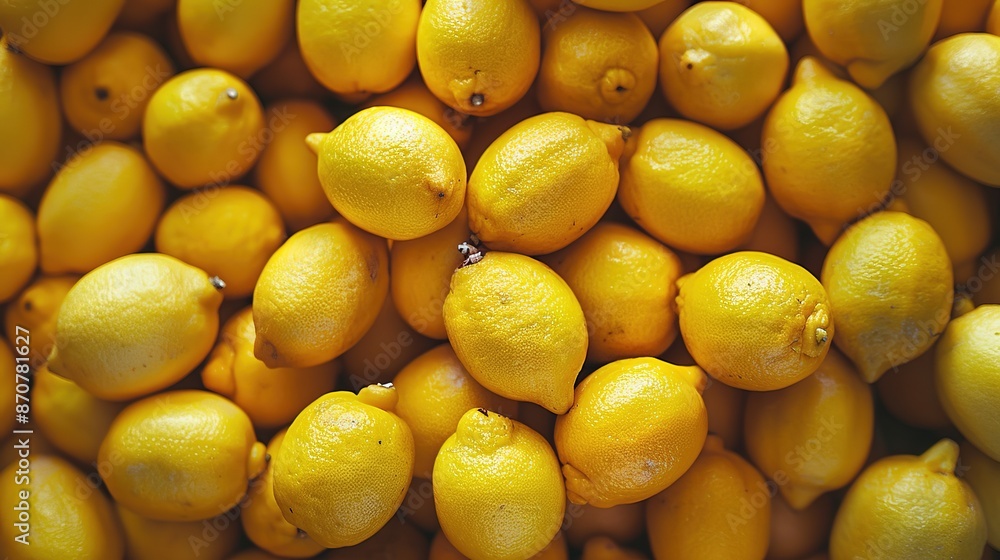 Bright yellow lemons packed together, detailed texture.