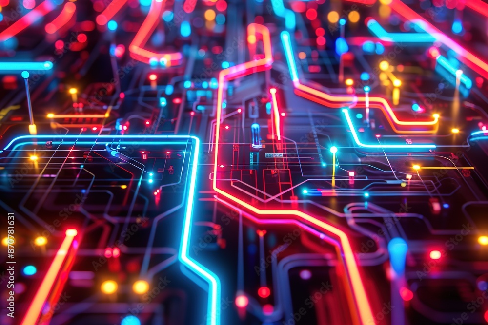 Vivid neon circuit board with glowing lines and nodes Vivid neon circuit board with glowing lines and nodes
