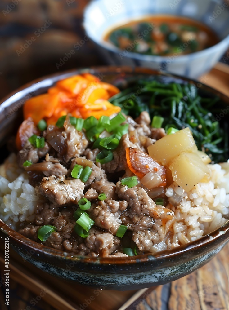 Korean food dish with rice, beef, and vegetables Korean food dish with rice, beef, and vegetables