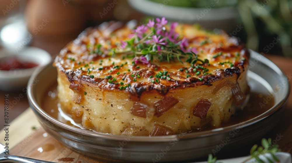 Zoom in on a plate of classic French onion soup, featuring caramelized onions, rich beef broth, and a bubbling layer Zoom in on a plate of classic French onion soup, featuring caramelized onions, rich beef broth, and a bubbling layer