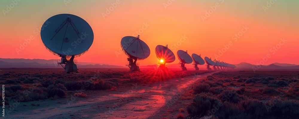 Fototapeta premium Row of satellite dishes at sunset in desert landscape