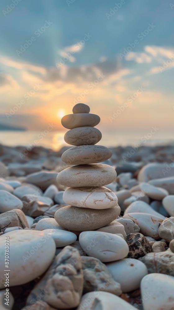 Fototapeta premium Pebble stack on rocky shore at sunset, serene and peaceful nature concept
