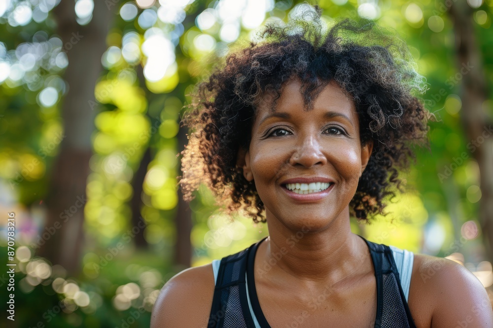Portrait of a jovial afro-american woman in her 40s sporting a breathable mesh jersey on vibrant city park Portrait of a jovial afro-american woman in her 40s sporting a breathable mesh jersey on vibrant city park