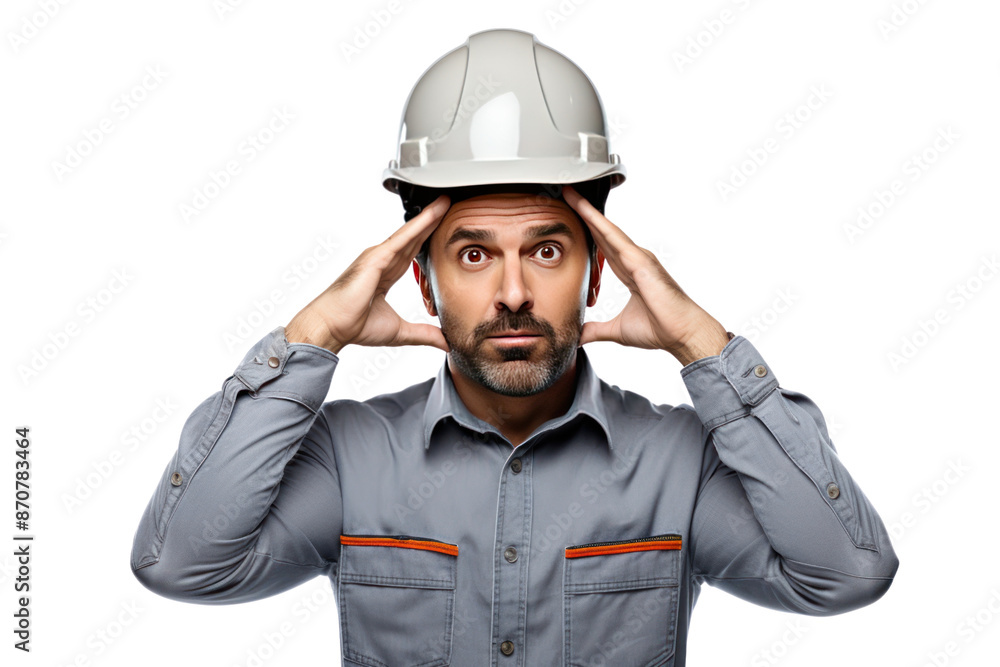 Photograph of an engineer wearing a helmet Demonstrates creativity and expertise on a white background Photograph of an engineer wearing a helmet Demonstrates creativity and expertise on a white background
