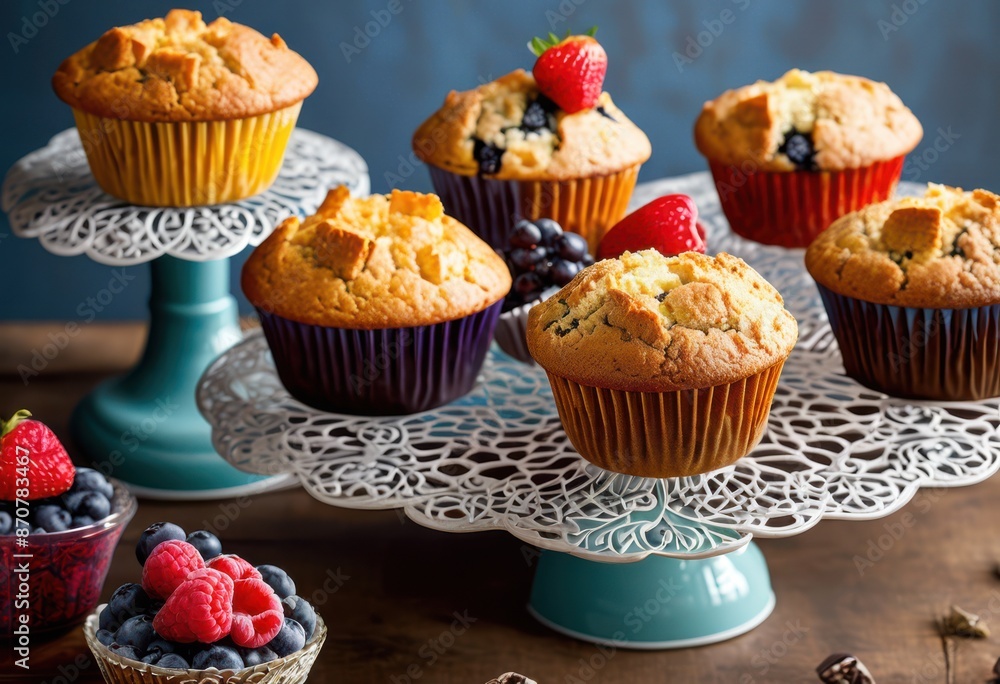 delicious freshly baked muffins displayed elegant cake stands, treats, bakery, showcase, dessert, pastries, confectionery, goods, homemade, artisanal, gourmet delicious freshly baked muffins displayed elegant cake stands, treats, bakery, showcase, dessert, pastries, confectionery, goods, homemade, artisanal, gourmet