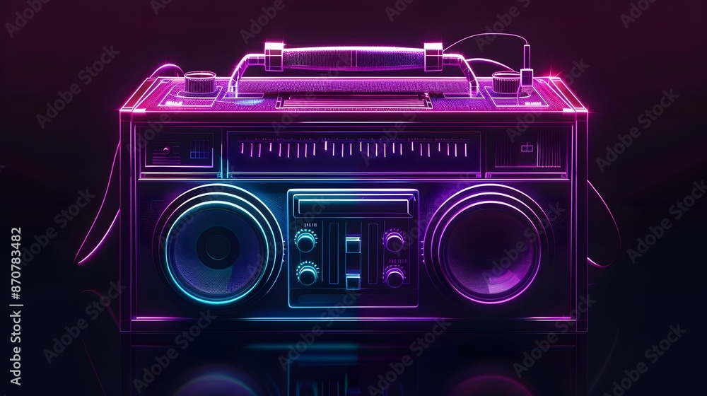 Fototapeta premium Vibrant Retro Boombox with Neon Lights in the Dark