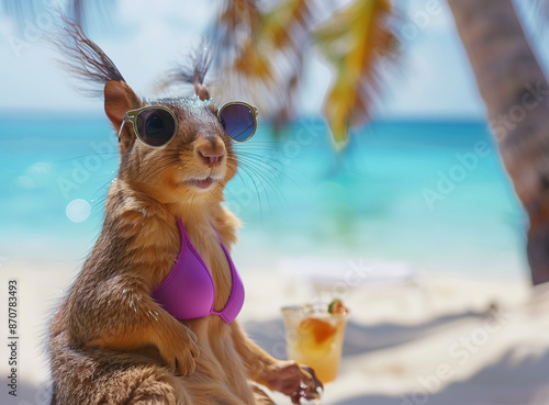 A female squirrel in a holographic purple swimsuit and sunglasses rests in front of the sea, turquoise water, sand, atropical palm trees, next to her is a cocktail, Maldives. photo