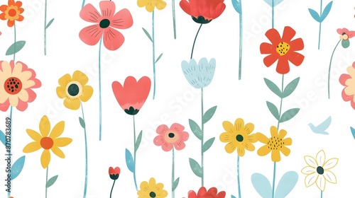 Vibrant Floral Pattern with Variety of Colorful Blooming Flowers in Retro Botanical Style