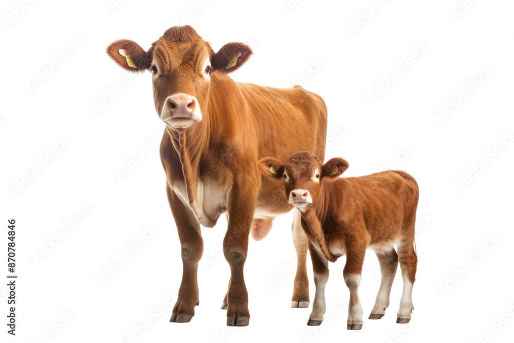Mother cow and calf standing warmly side by side Emphasizes the close relationship between mother cow and calf. Conveys love and family, isolated on white background. Mother cow and calf standing warmly side by side Emphasizes the close relationship between mother cow and calf. Conveys love and family, isolated on white background.