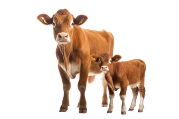 Mother cow and calf standing warmly side by side Emphasizes the close relationship between mother cow and calf. Conveys love and family, isolated on white background.