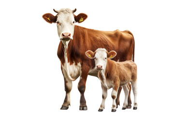 Mother cow and calf standing warmly side by side Emphasizes the close relationship between mother cow and calf. Conveys love and family, isolated on white background.