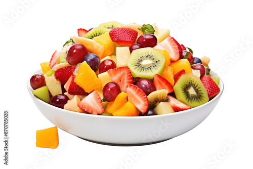 Mixed fruit salad, isolated pieces on white background It clearly shows various fruits such as apples, oranges, bananas, strawberries, and kiwis.