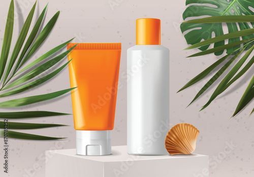 Realistic sunscreen bottle cosmetics, isolated product, packaging mockup, pastel background, vector