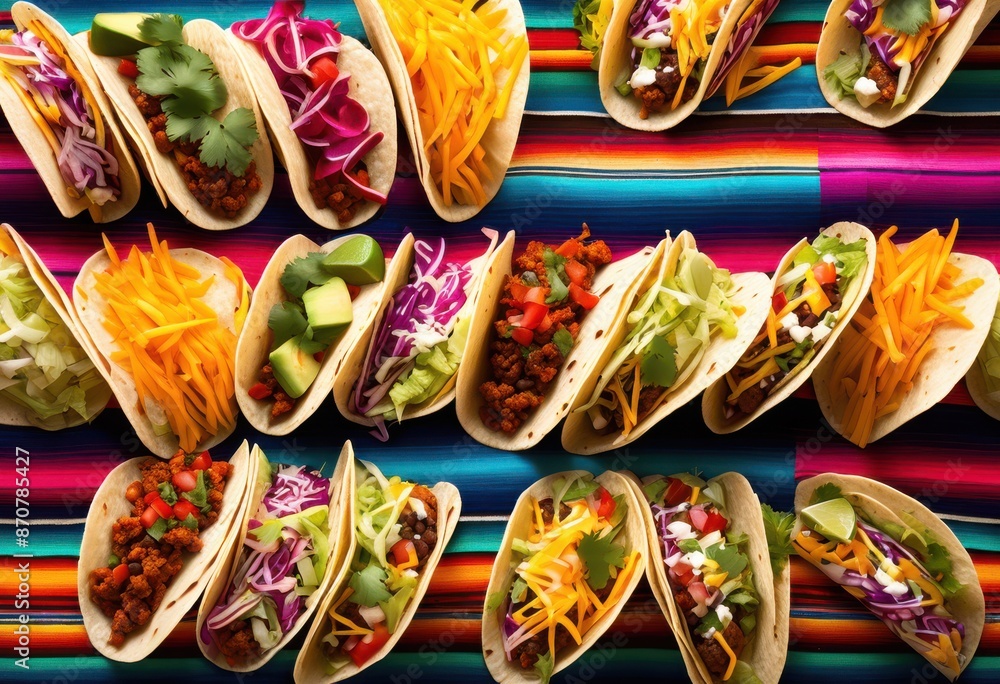 Fototapeta premium vibrant crisp tacos arranged colorful mexican blankets, organized, neat, neatly, orderly, tidy, precise, sorted, stacked, grouped, displayed, assembled