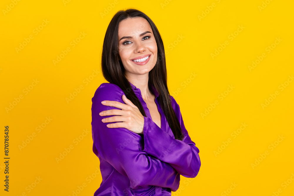 Photo of positive smiling lady touch hug herself isolated bright color background Photo of positive smiling lady touch hug herself isolated bright color background