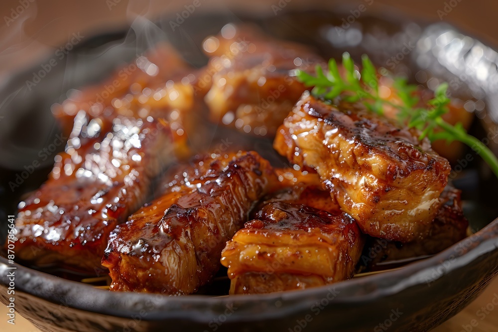 Close Up Of Steaming BBQ Pork Belly In A Bowl Close Up Of Steaming BBQ Pork Belly In A Bowl
