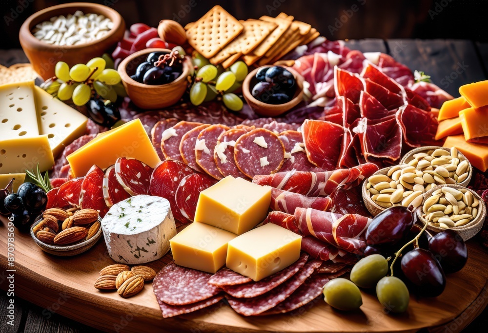 elevated gourmet charcuterie display rustic wooden board, arrangement, assortment, appetizers, meats, cheeses, crackers, grapes, olives, nuts, platter elevated gourmet charcuterie display rustic wooden board, arrangement, assortment, appetizers, meats, cheeses, crackers, grapes, olives, nuts, platter