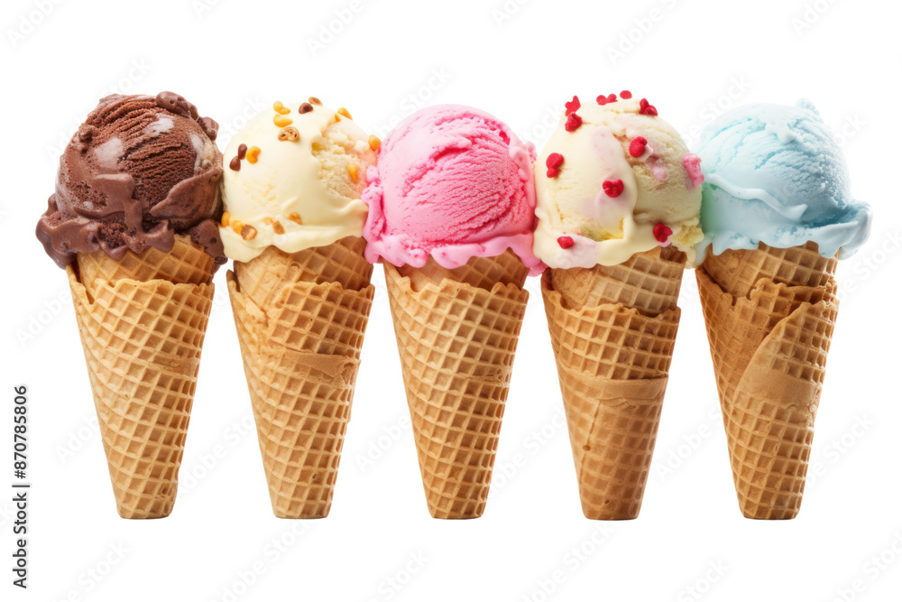 large ice cream cone Isolated pieces on a white background It clearly shows different flavors of ice cream, waffle cones, and toppings. large ice cream cone Isolated pieces on a white background It clearly shows different flavors of ice cream, waffle cones, and toppings.