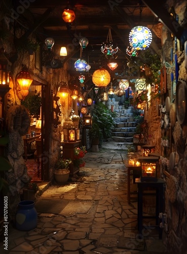 Stone Pathway with Hanging Lanterns in a Turkish Village