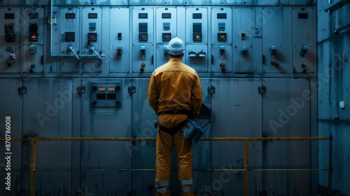 Back view of a professional electrician standing at the electrical panels-topaz.jpeg, Back view of a professional electricia photo