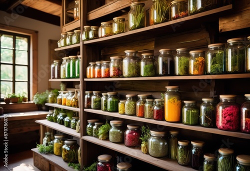 Wallpaper Mural glass jars filled herbs handwritten botanical ingredients display, labels, transparent, containers, organic, notes, natural, presentation, clear, fresh Torontodigital.ca