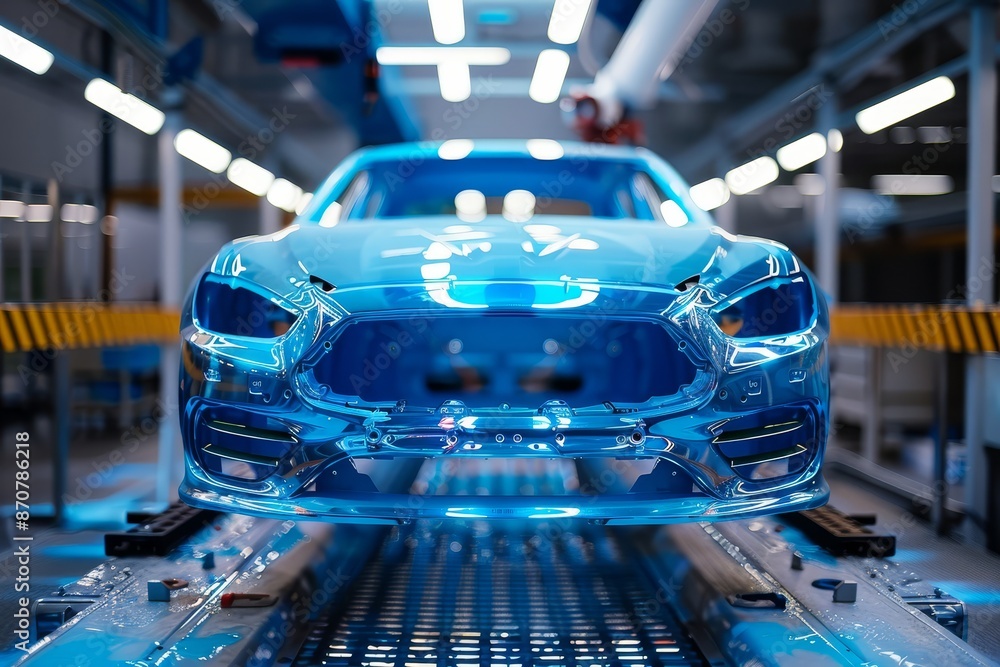 Paint robot in action on a car, capturing precision, close up, automotive painting, futuristic, Composite, hightech factory backdrop Paint robot in action on a car, capturing precision, close up, automotive painting, futuristic, Composite, hightech factory backdrop