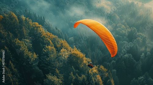 Paramotor flying over a forest, showcasing serenity, close up, forest canopy, dynamic, Overlay, lush forest backdrop