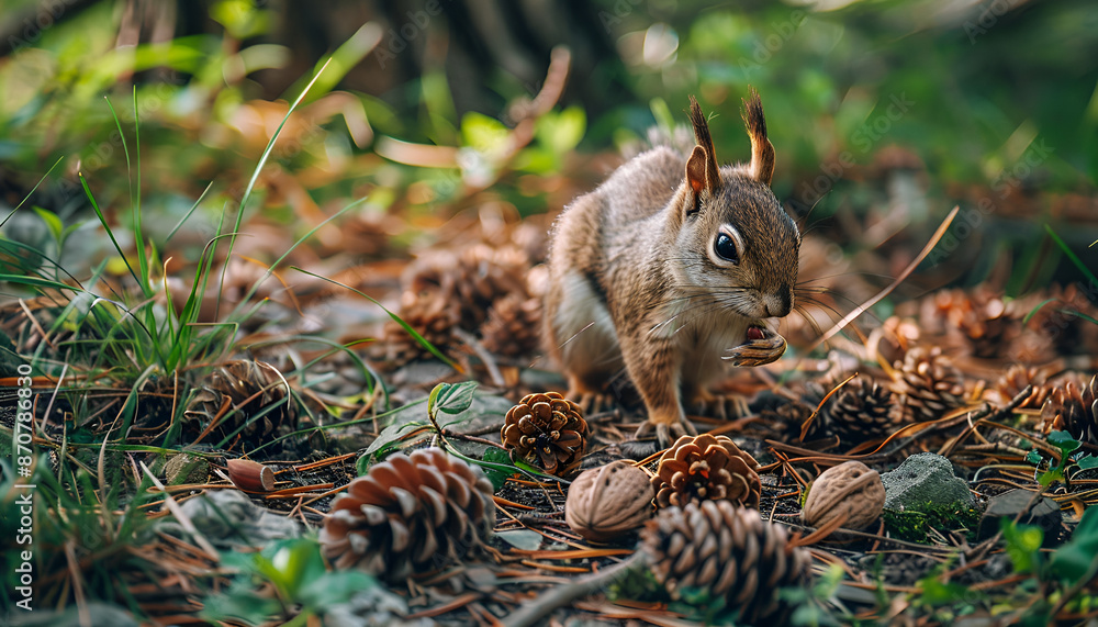 Pine cones in the forest.A squirrel gnaws a nut, found a nut, cones, a handful, many cones lie on the ground, on the grass Pine cones in the forest.A squirrel gnaws a nut, found a nut, cones, a handful, many cones lie on the ground, on the grass