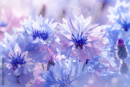 Close-up of delicate cornflower petals with dew drops glistening in the morning sunlight.