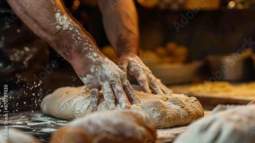 Baker hands preparing bread loaves kneading dough