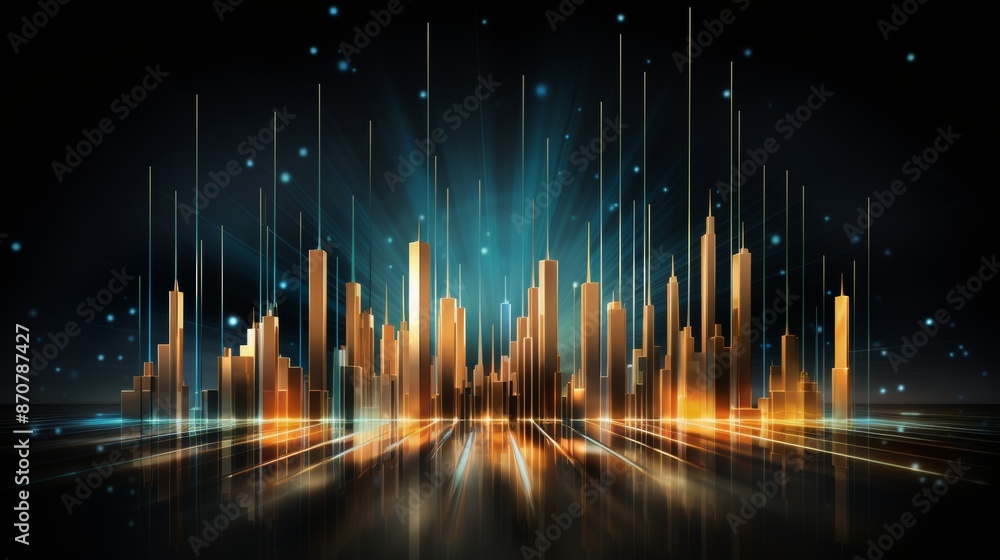 Dynamic big data forex candlestick chart over cityscape, futuristic financial analysis Dynamic big data forex candlestick chart over cityscape, futuristic financial analysis