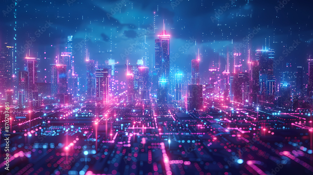 Obraz premium Isometric smart city design concept. Business center with skyscrapers and intelligent buildings,IOT for the internet of things