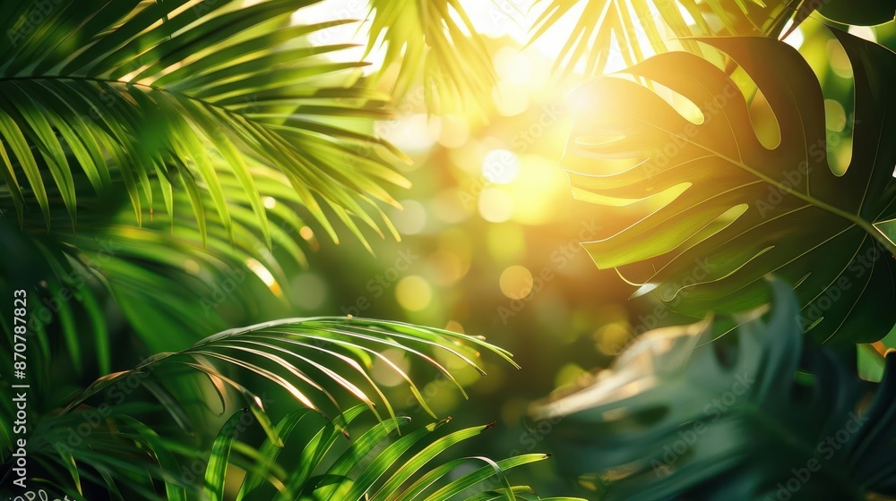 Bright sunlight piercing through tropical leaves, botanical background focus on, exotic environment, vibrant, silhouette, island resort, copy space for text Bright sunlight piercing through tropical leaves, botanical background focus on, exotic environment, vibrant, silhouette, island resort, copy space for text