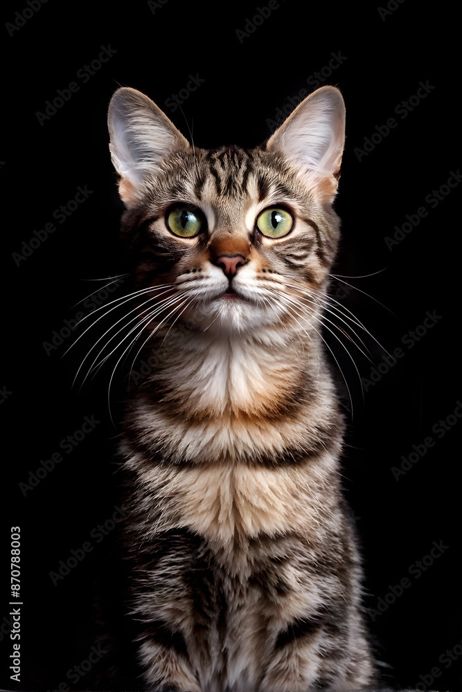 Studio portrait of a sitting tabby cat looking forward against a dark background Studio portrait of a sitting tabby cat looking forward against a dark background