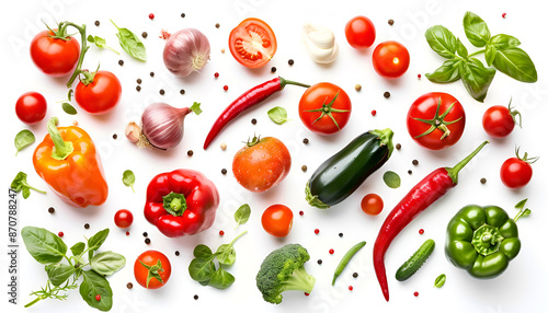Different fresh vegetables in air on white background