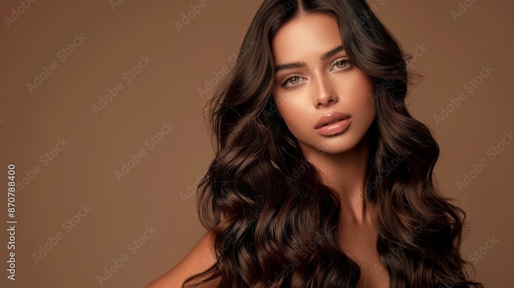 Beautiful glamorous model woman with long wavy and shiny hair against brown studio Beautiful glamorous model woman with long wavy and shiny hair against brown studio