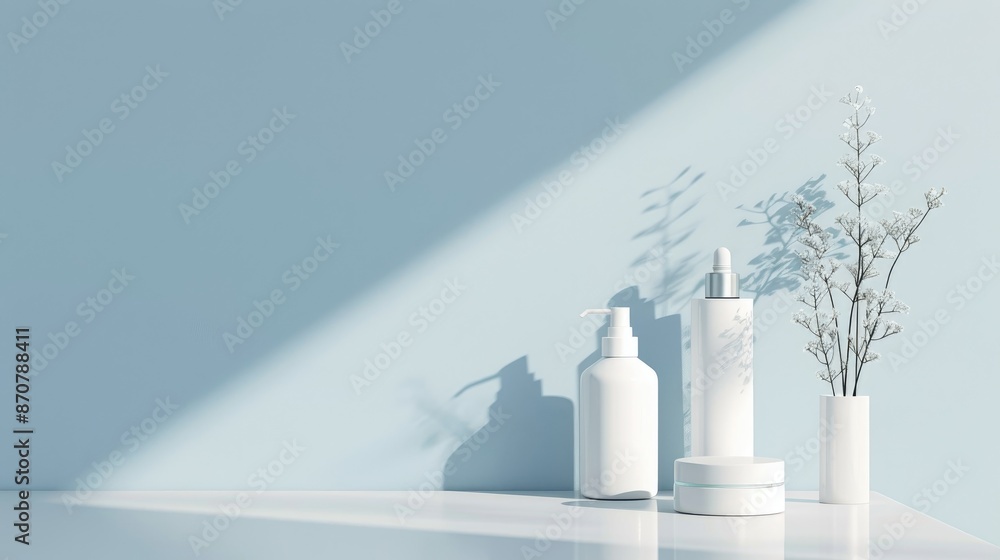 Mockup of white cosmetics bottles on white table with blue wall background for health and beauty branding Mockup of white cosmetics bottles on white table with blue wall background for health and beauty branding