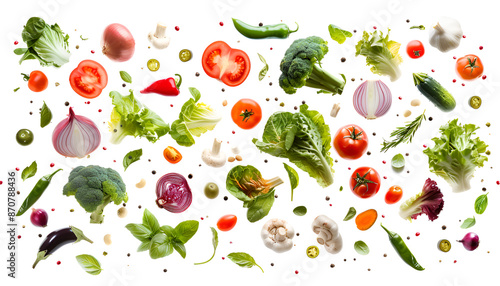 Different fresh vegetables in air on white background
