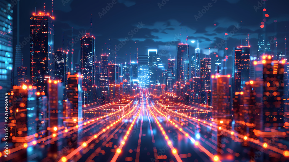 Fototapeta premium Isometric smart city design concept. Business center with skyscrapers and intelligent buildings,IOT for the internet of things