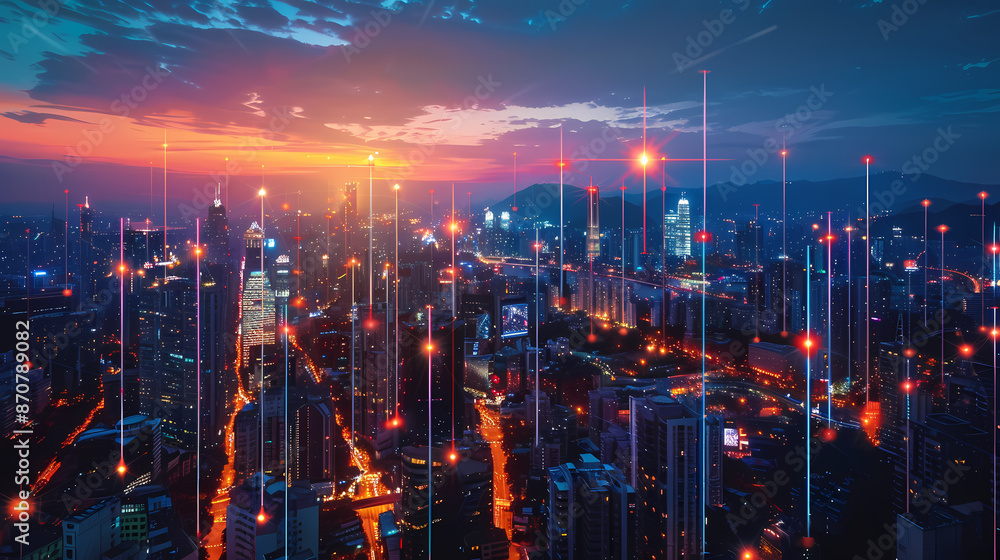 Fototapeta premium Isometric smart city design concept. Business center with skyscrapers and intelligent buildings,IOT for the internet of things