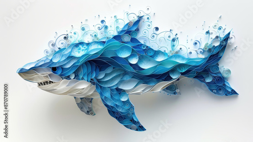 Detailed paper art sculpture of a blue shark, showcasing intricate designs and patterns against a white background photo