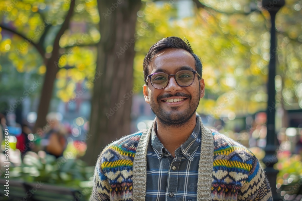 Portrait of a glad indian man in his 20s wearing a chic cardigan in vibrant city park Portrait of a glad indian man in his 20s wearing a chic cardigan in vibrant city park